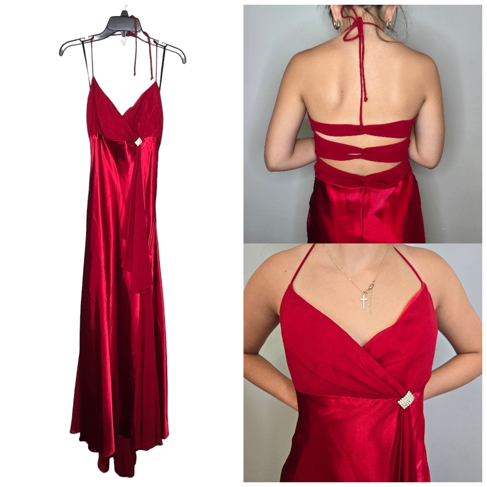 Camille La Vie Long Red Satin Chiffon Gown‎ Halter Sweatheart neck Fit n Flow 12